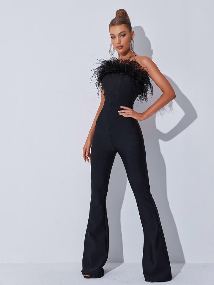 Padma Bandeau Feather Bandage Jumpsuit In Black - Mew Mews Fashion