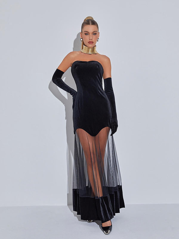 Rena Strapless Velvet Mesh Maxi Dress - Mew Mews Fashion