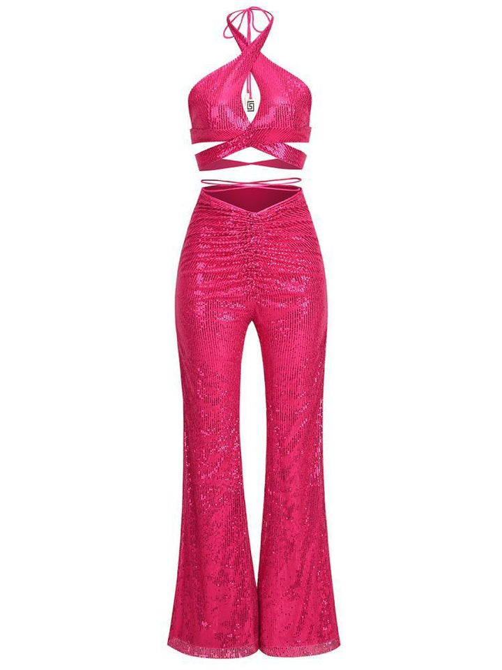 Rhode Halterneck Sequin Set In Hot Pink - Mew Mews Fashion