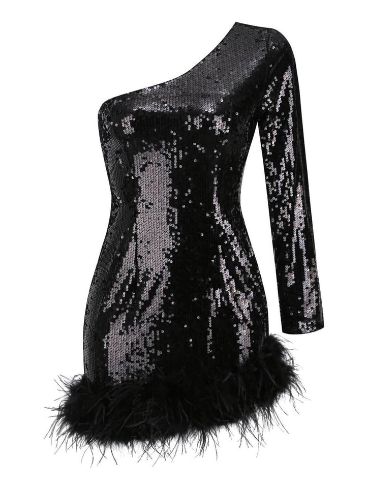 Romy One Shoulder Sequin Feather Mini Dress - Mew Mews Fashion