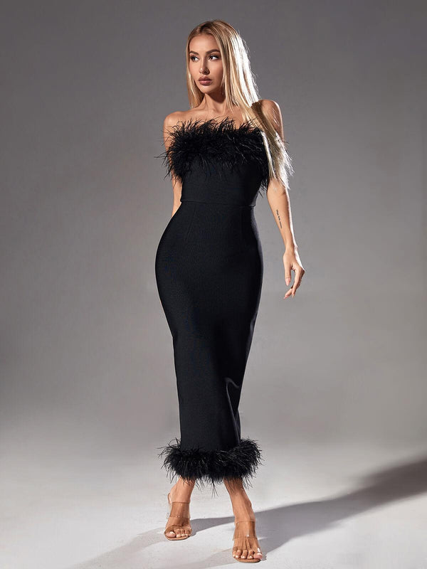 Salome Strapless Feather Trimmed Bandage Dress In Black - Mew Mews Fashion
