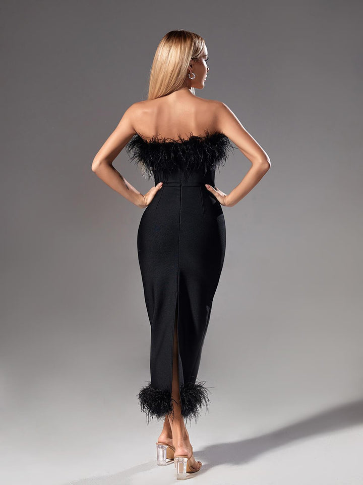 Salome Strapless Feather Trimmed Bandage Dress In Black - Mew Mews Fashion