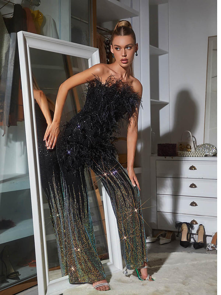 Shiva Ombre Feather Sequin Jumpsuit - Mew Mews Fashion