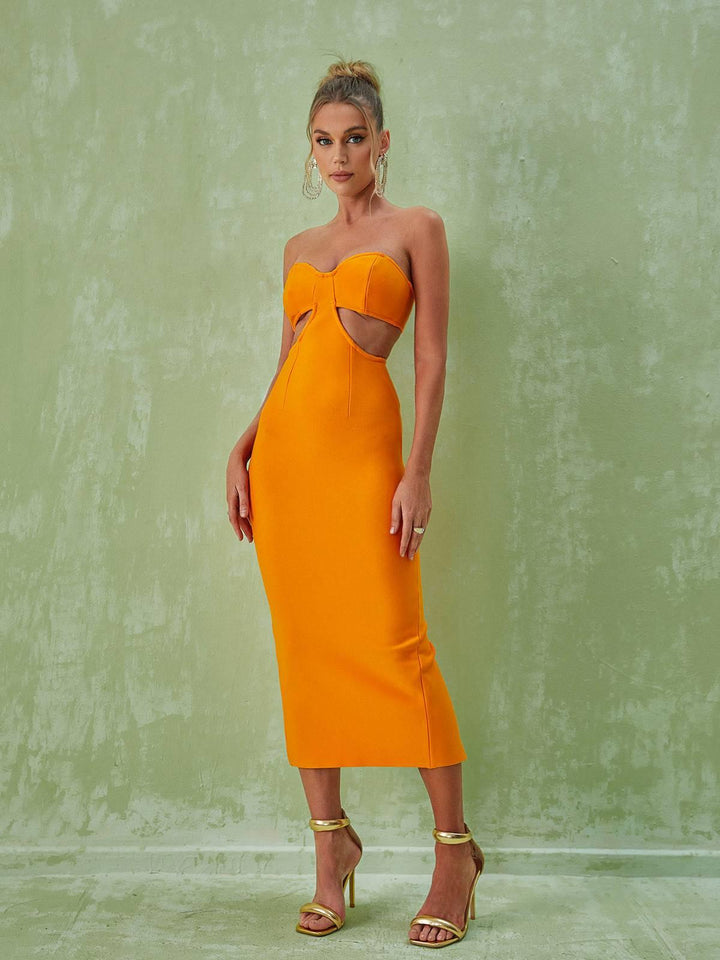 Sinead Strapless Cutout Bandage Dress In Orange - Mew Mews Fashion