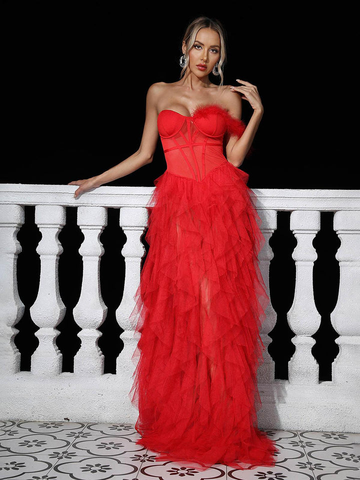 Titania One Shoulder Tulle Maxi Dress In Red - Mew Mews Fashion