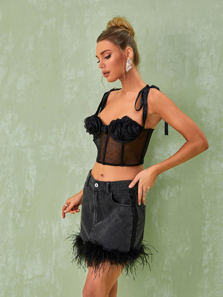 Vanille Feather Denim Mini Skirt - Mew Mews Fashion