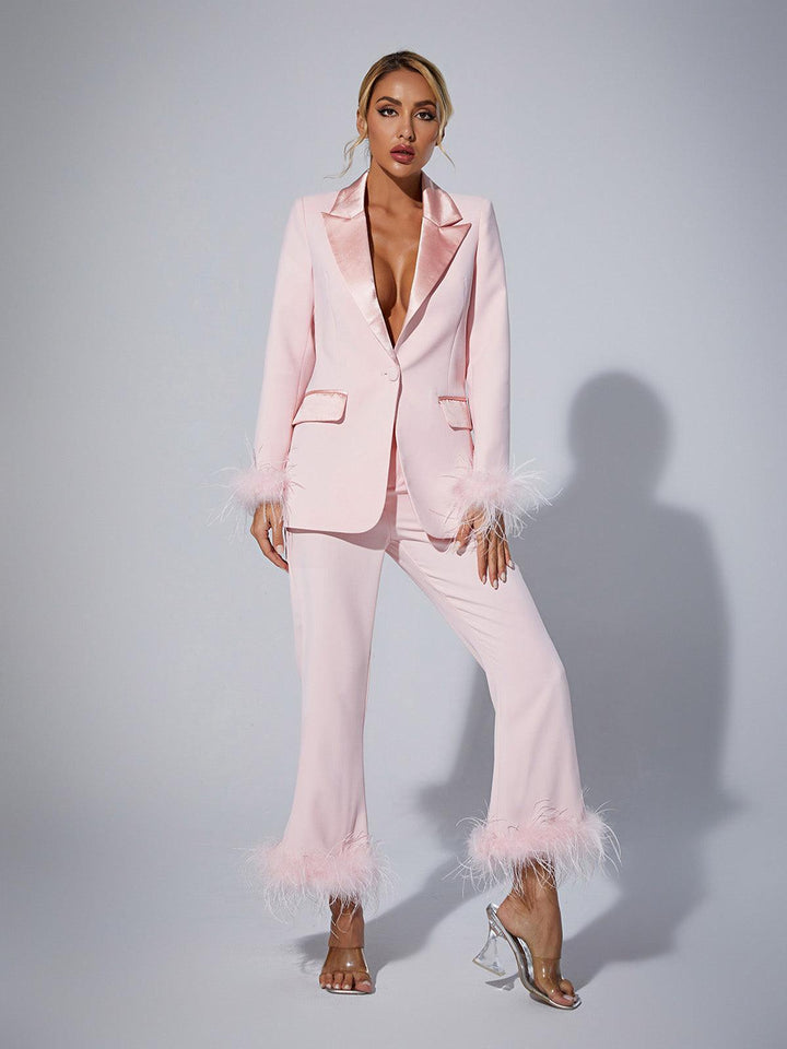Alaina Feather Blazer Set In Blush - Mew Mews Fashion